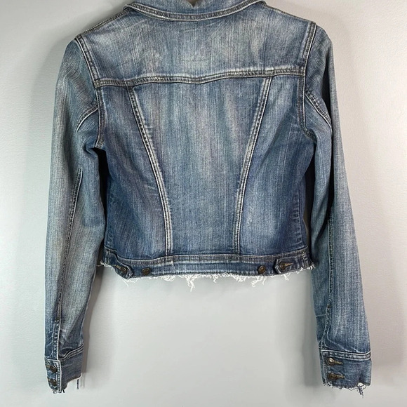 GARAGE Crop Jean Jacket Upcycled Fray Trim Crochet Flower Appliqué Blue Boho S - Picture 7 of 12